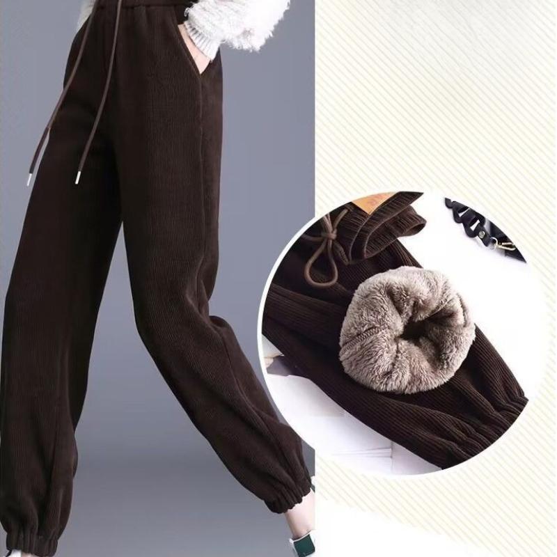 Dámská podzimní a zimní móda Elegantní jednobarevné elastické pasové kapsy Stahovací šňůrka Plyšové zahuštěné Dlouhé volné harlanové ležérní kalhoty