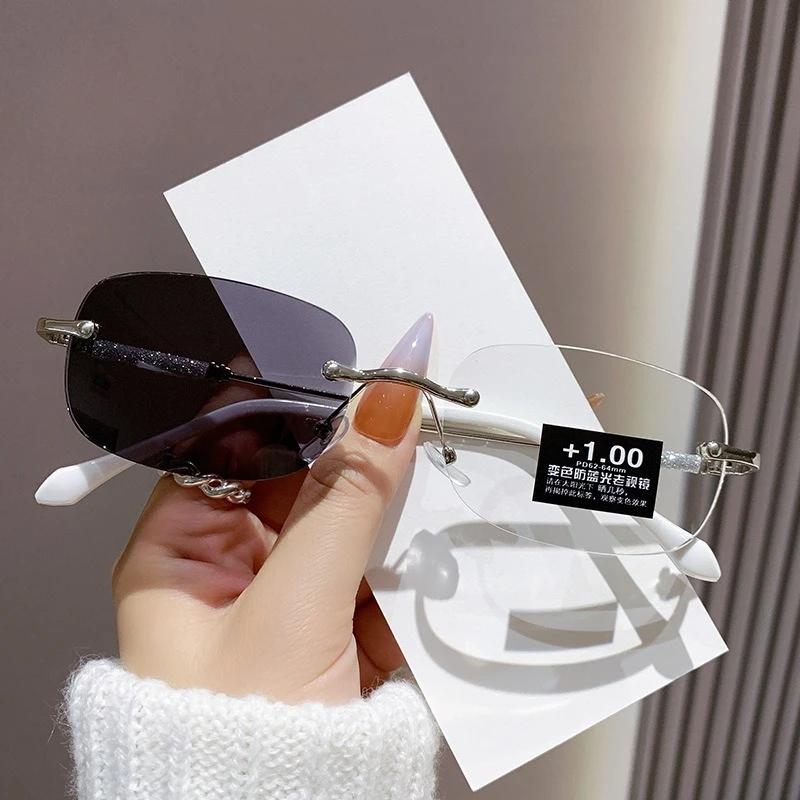 Frameless Clear Lens Color Changing Reading Glasses Fashion Trend Women Men Far Sight Eyewear Outdoor Photochromic Sunglasses