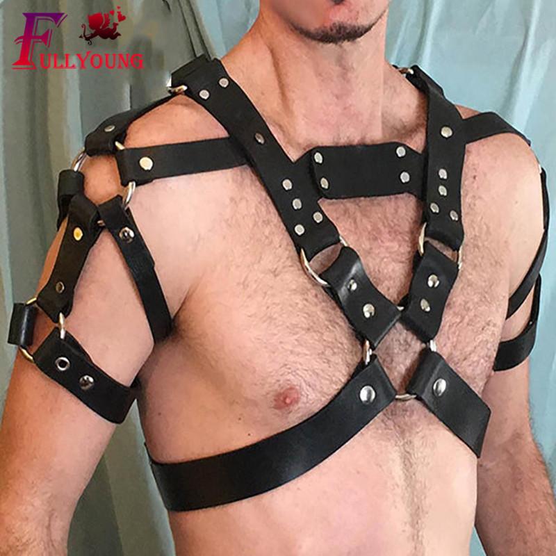Fullyoung PU Leather Male Chest Harness Bondage Slave Fetish Restraints Straps Belts Sex Products Adult Toys Club Costumes