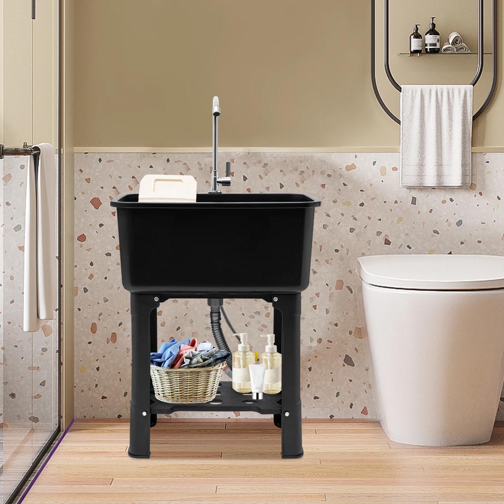 Freestanding Utility Sink with Faucet, Storage Shelf & 360° Adjustable Spout - Black PP Modern Laundry Tub, Single Hole Faucet