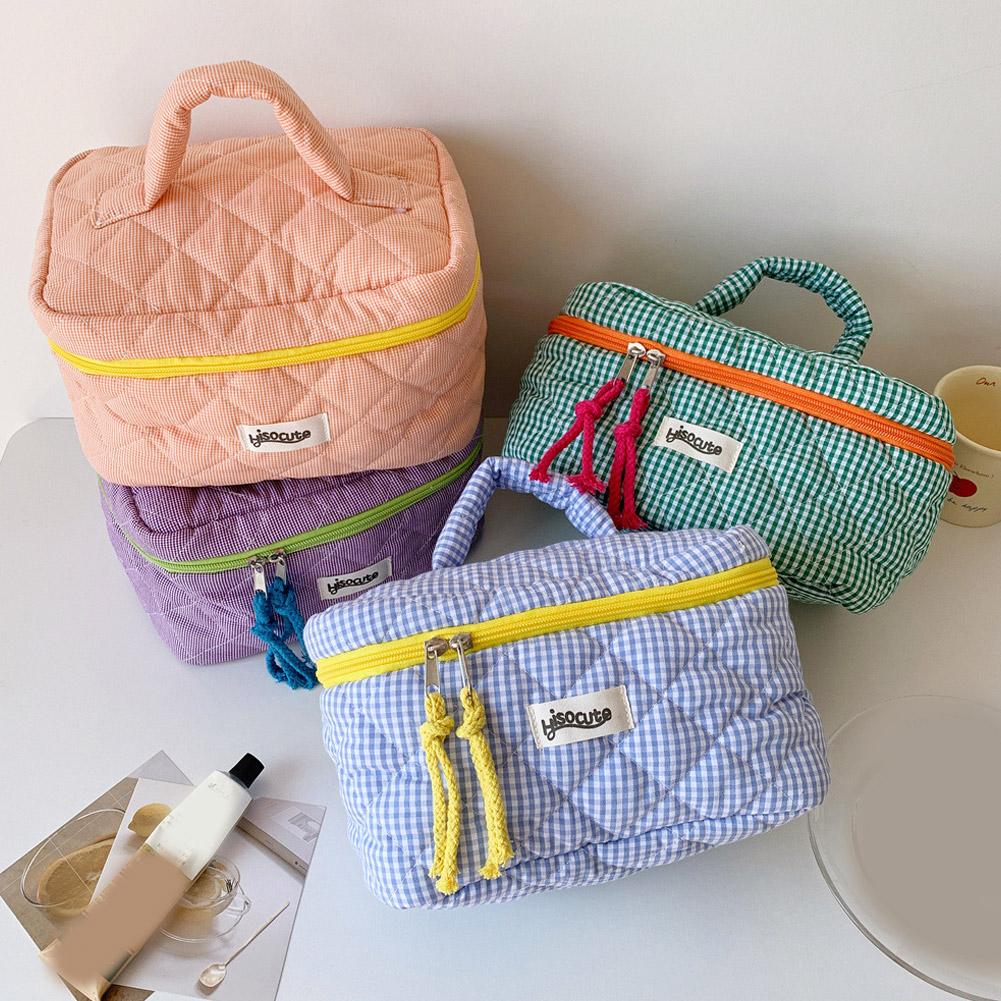 Hand-held Makeup Bag Large Capacity Portable Check Pattern Cosmetics Storage Bag Toiletries & Miscellaneous Items Storage Bag