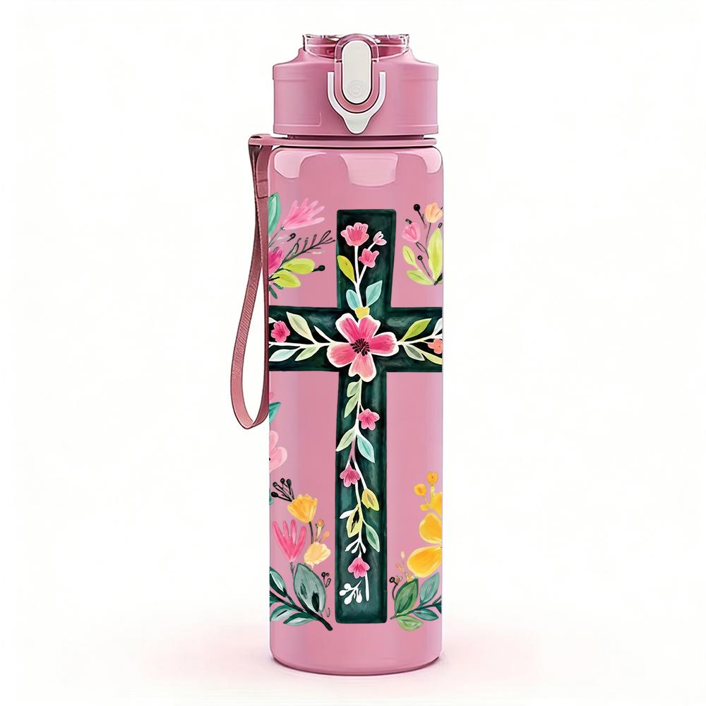 1PC Floral Christian Cross 750ml Color Plastic Sports Water Bottle Leakproof Flip Straw Lid Suitable for Sports Office Home Use