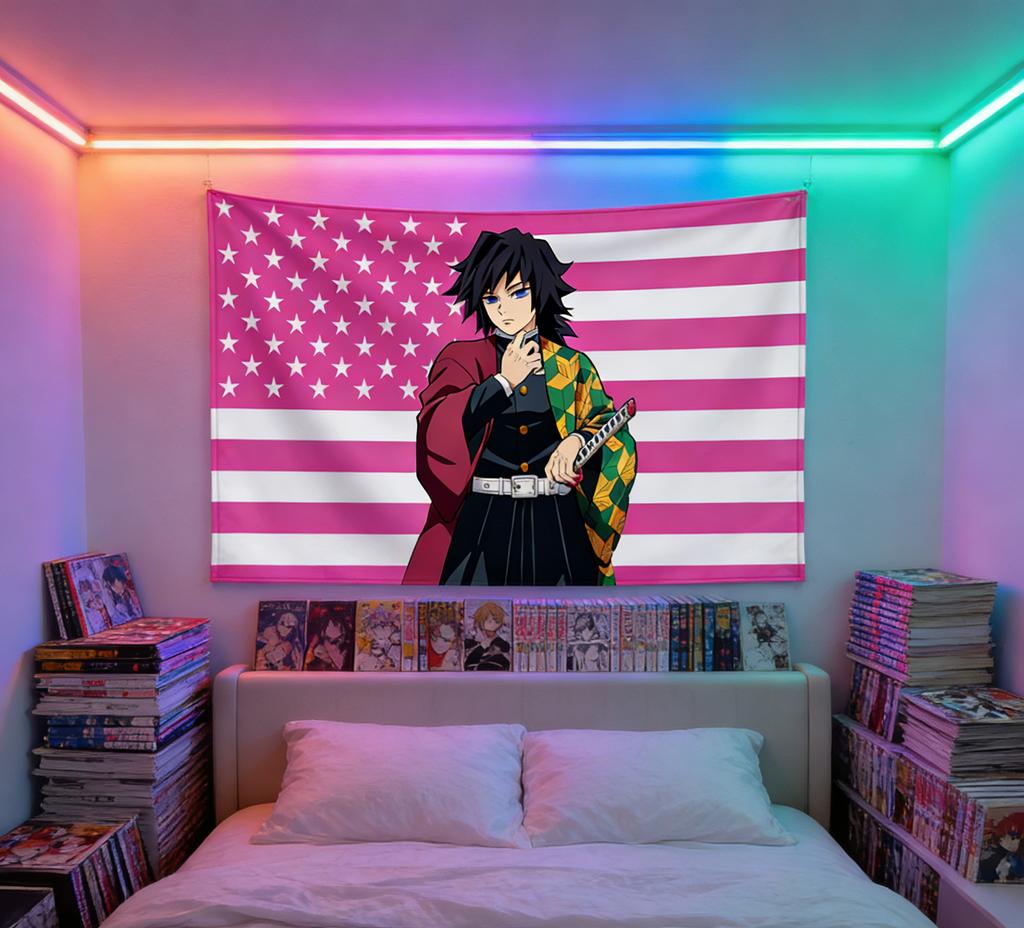 YYaiba Tomioka Giyuu American Flag Tapestry Banner Garage Outdoor Decor