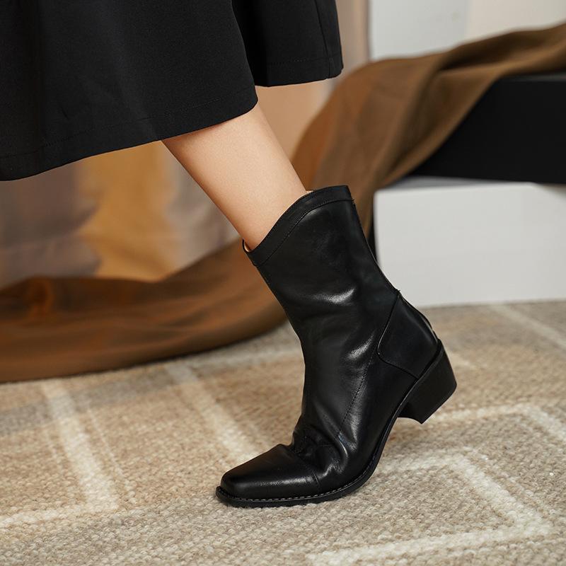 Cowhide Version French Leather Short Boots British Style Retro Old Martin Boots V-Mouth Thick Heel Thin Boots