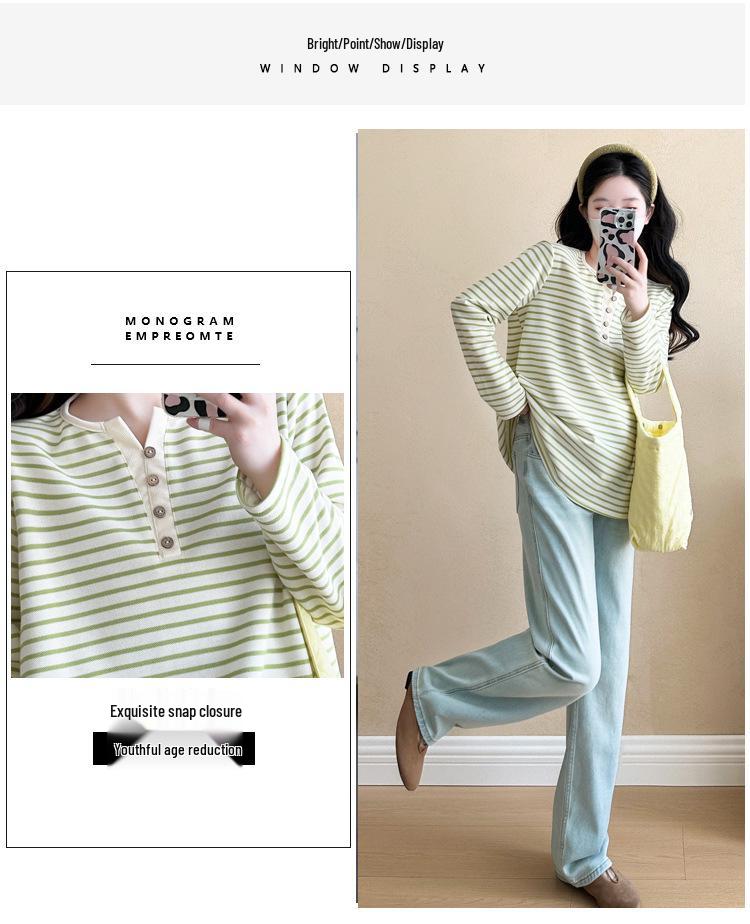2026 Spring/Summer V-Neck Striped Casual Long Sleeve T-Shirt for Pregnant Women