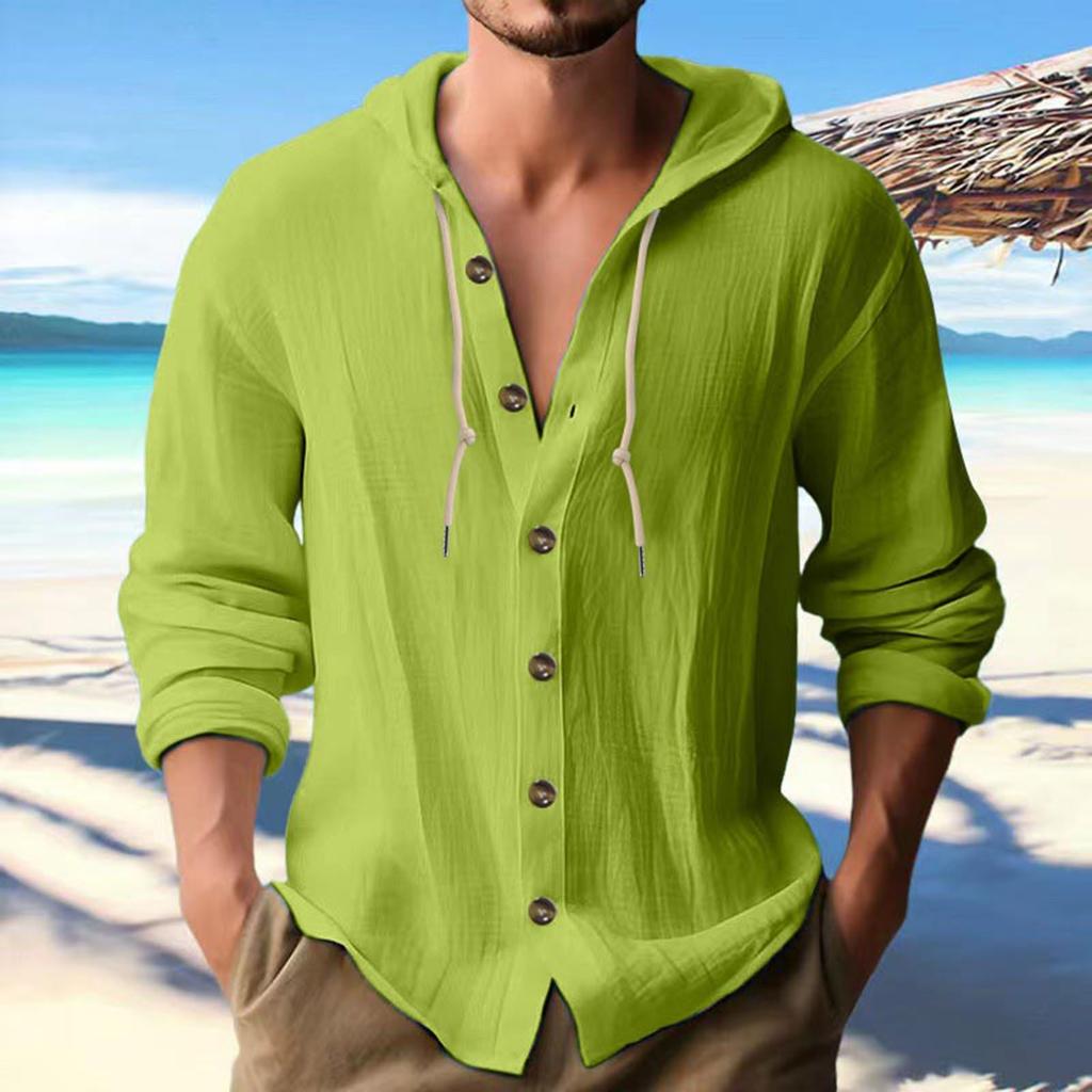 Mens Fashion Casual Solid Color Simple Casual Button Hooded Shirt Top Casual Commuting Short Sleeved Shirt