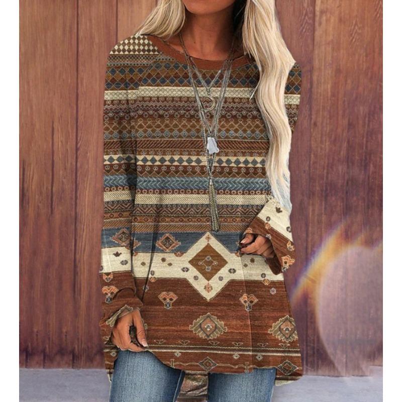 Summer Women's  Fashion Long Sleeve T-Shirt Women'S Printed Top Autumn And Winter Casual  Large Size Round Neck Clothing