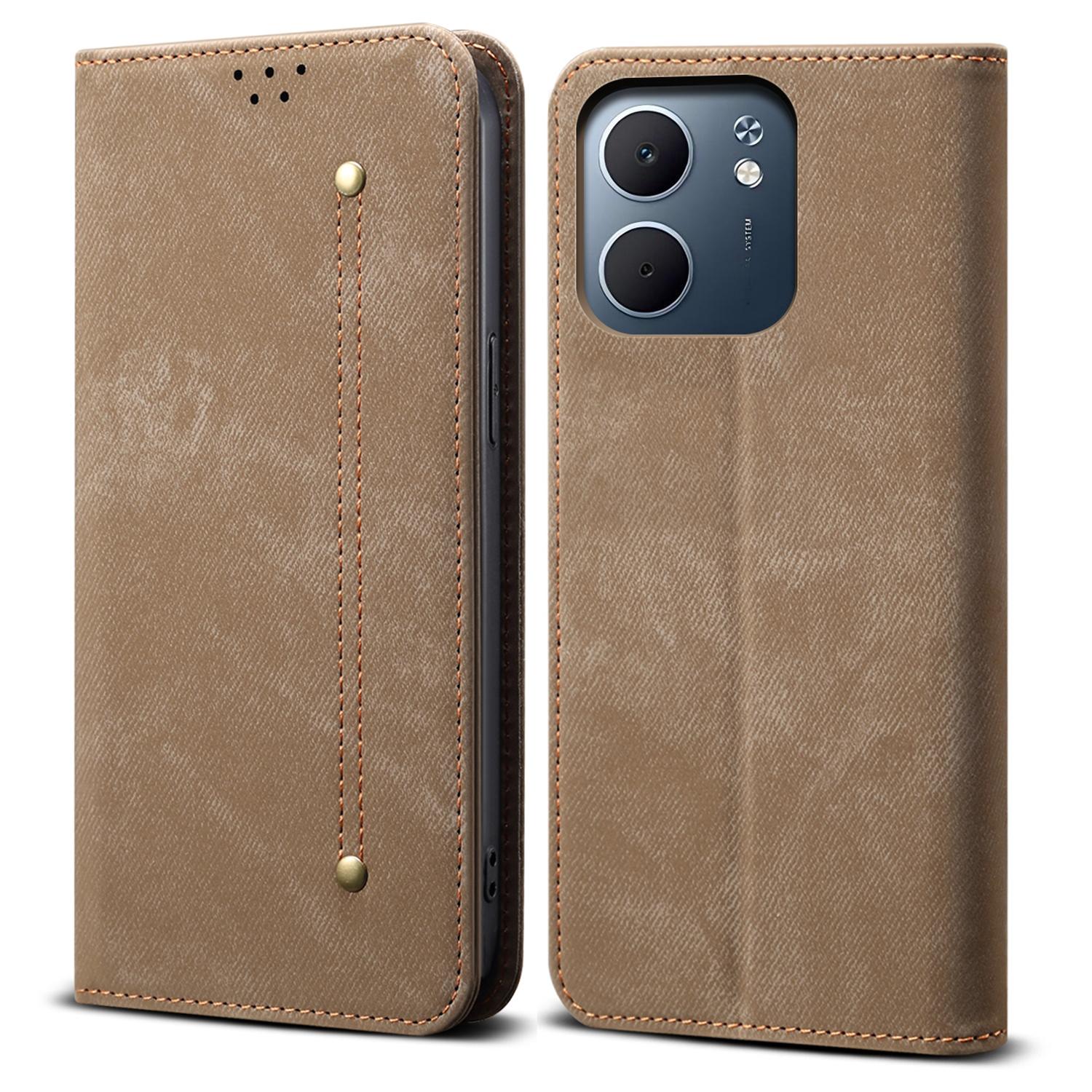 

Для Oppo A5x 4G/5G Чехол Текстура Джинсовой Ткани Защита от Царапин Кожаная Подставка Чехол для Телефона Khaki