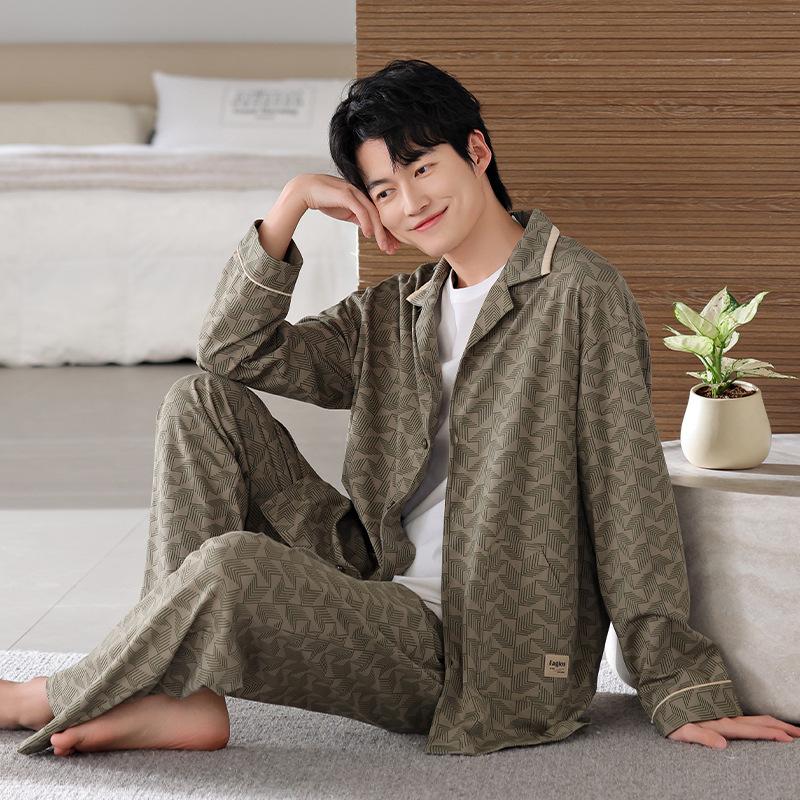 Soft Pure Cotton Pajamas Men's Spring and Autumn Pure Cotton Long-sleeved High-end Loungewear Men's Casual Suit Loose