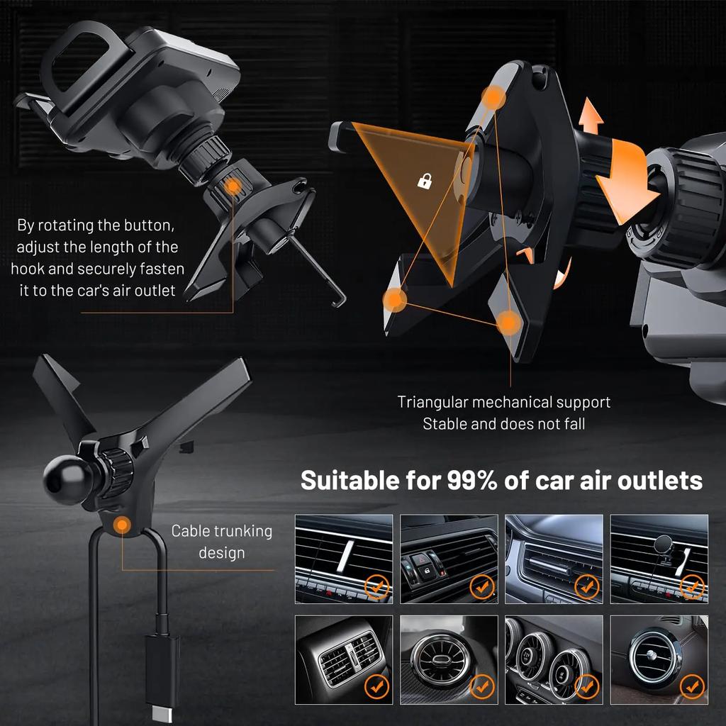 2-in-1 Automatic Rotating Phone Mount, One-Touch Operated Vent-Mounted Holder Compatible with Smartphones, Tablets, and Foldable