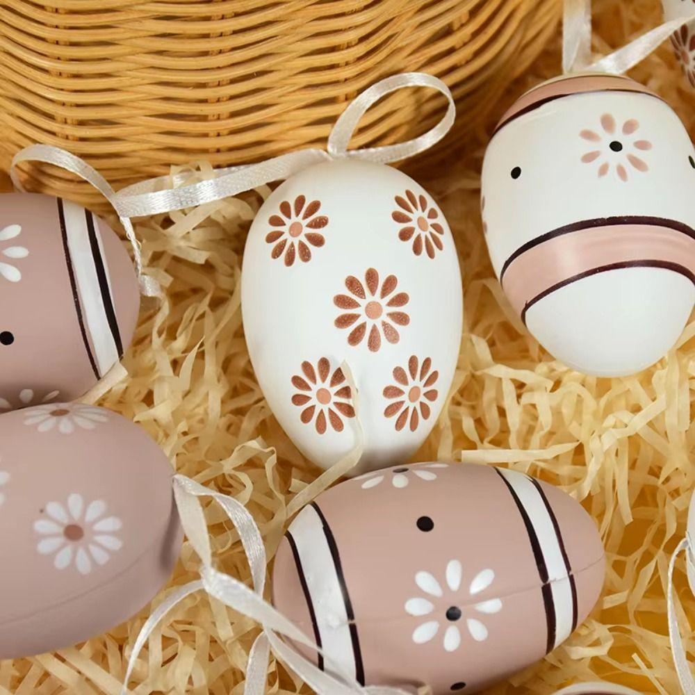 12Pcs/Set Easter Egg Easter Hand Painted Egg Cartoon Artificial Egg Pendant  Party Decoration