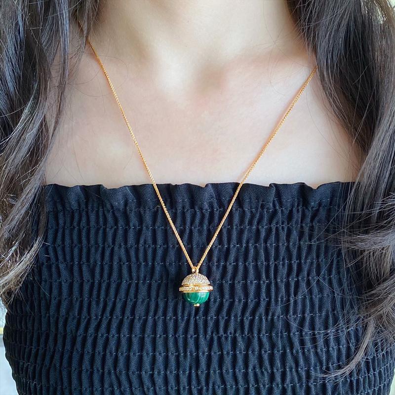 Musla Design Elegant Holiday Gift Natural Malachite Ball Pendant Long Necklace Jewelry for Women Fashion Sweater Chain Accessory