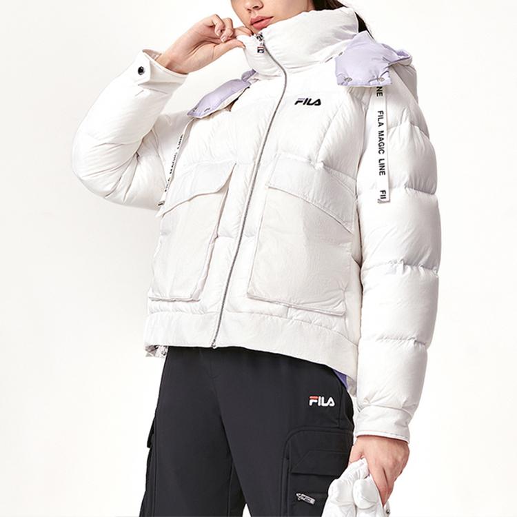 Fila Fleece Hooded Loose Down Jacket Women Outerwear Standard-White F11W149901F-WT