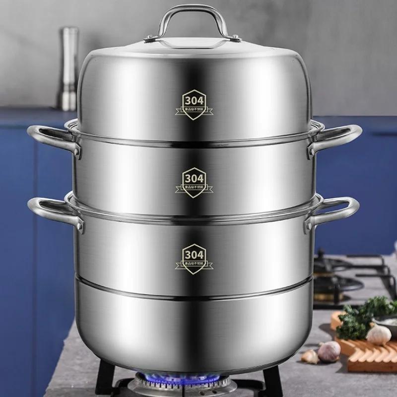 Large-capacity SUS304 Stainless Steel Steamer Three-layer Thickened Household Multi-layer Steamer Steamed Bread Steamed Fish Pot