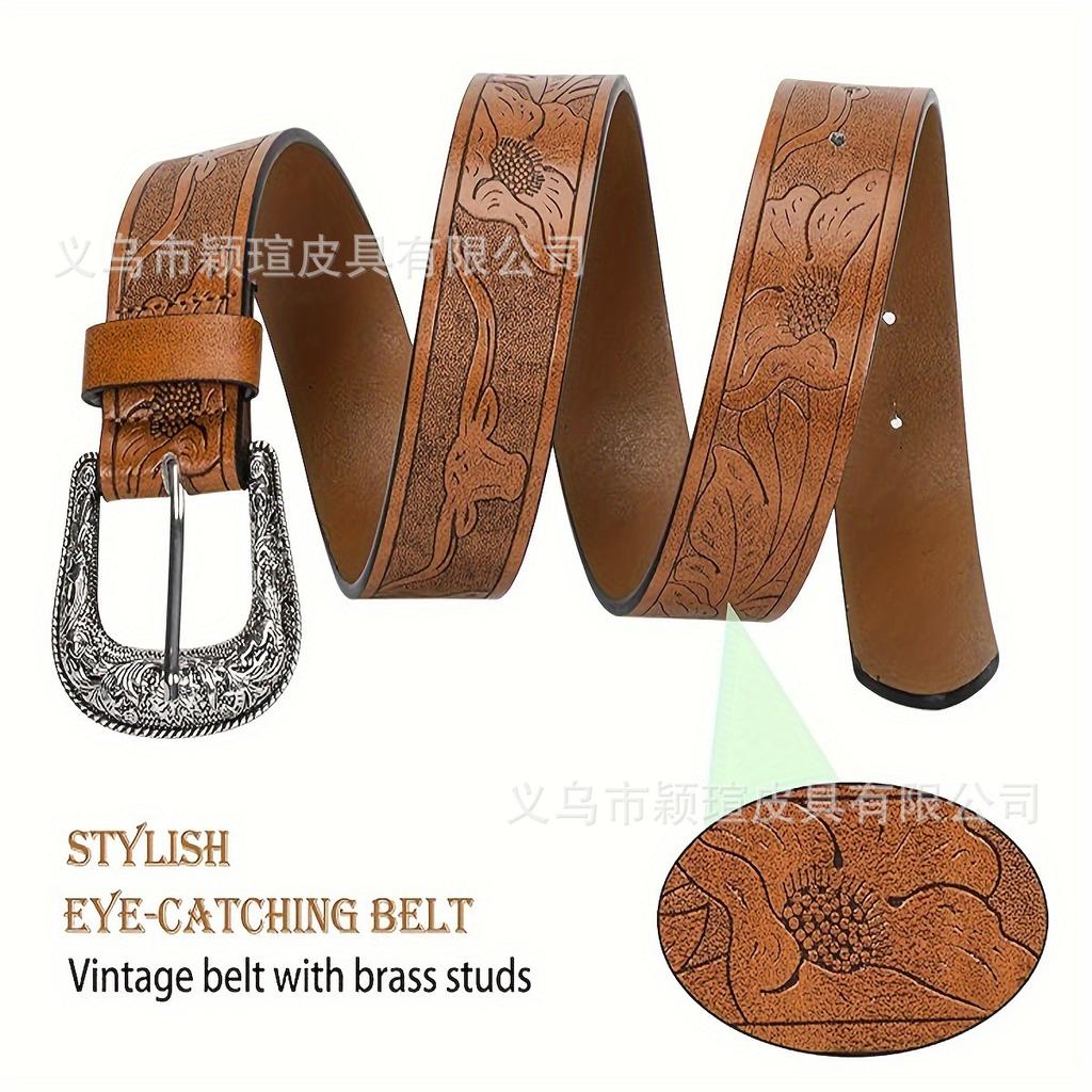 Men's and Women's Retro Embossed Belt Tangcao Pin Buckle with Suit Jeans Belt