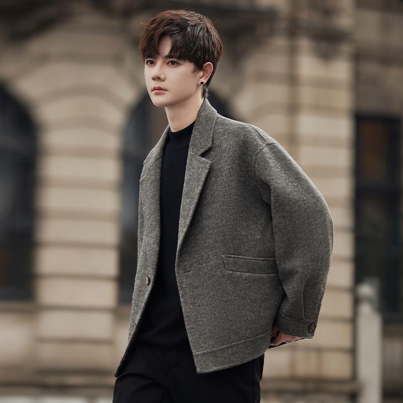 

Осенне-зимнее молодежное короткое двухстороннее шерстяное пальто, мужское модное красивое пальто, весенняя и осенняя мода M серый
