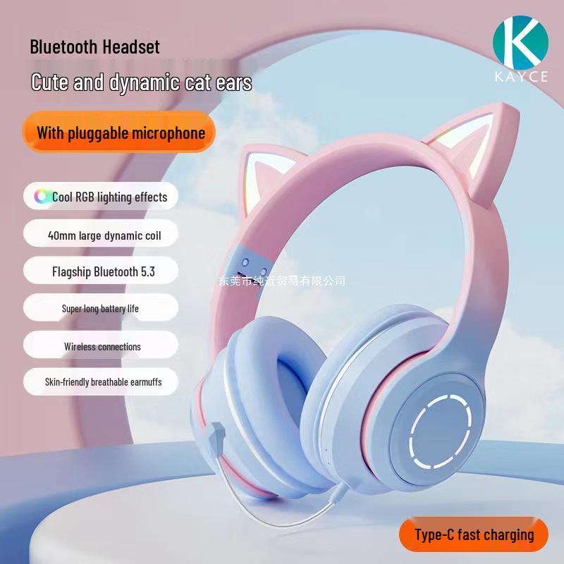 2025 New Cute Wireless Over-Ear Cat Ear Headphones with Mic, Noise Cancelling for Children's Gaming - Girls' Style