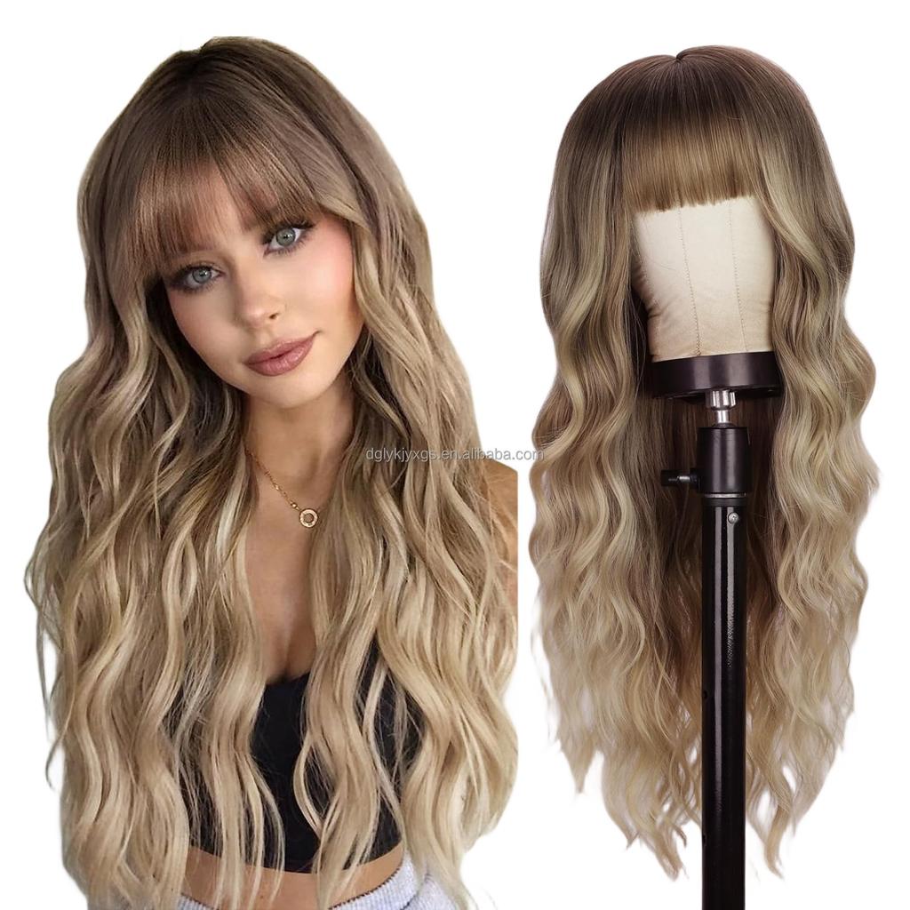 Hot Sales 26Inch Brown Mixed Blonde Wigs with Bangs for Women Wavy Curly Hair Heat Resistant Synthetic Fiber Wigs Women Hair