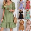 Loose V-neck Short Sleeved Pleated Women Dress Solid Color A-line Beach Dresses Elegant Simple Comfortable Woman Clothing