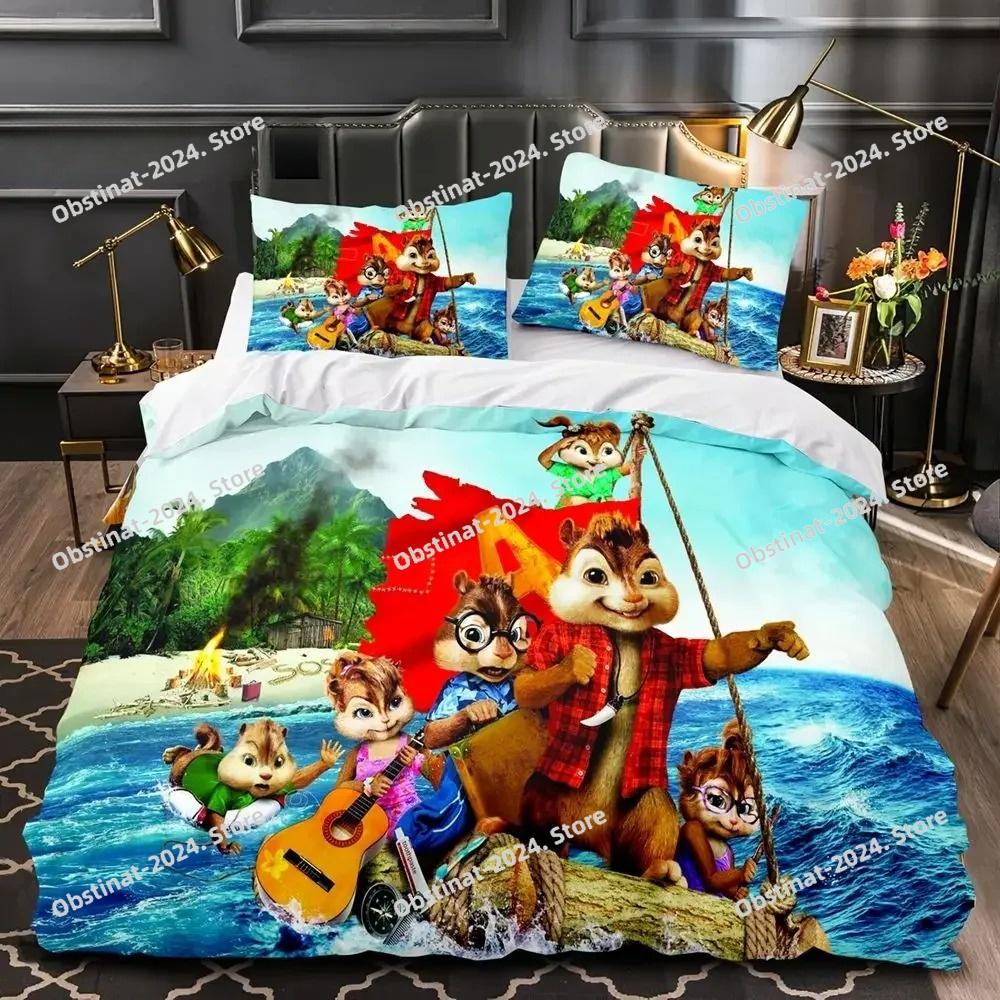Set Biancheria da Letto 3D Cartone Animato C-Chipmunk A-Alvin Set Letto Stampato Copripiumino Lenzuolo Federa Letto Coperta Morbida Dimensioni Singolo Matrimoniale King