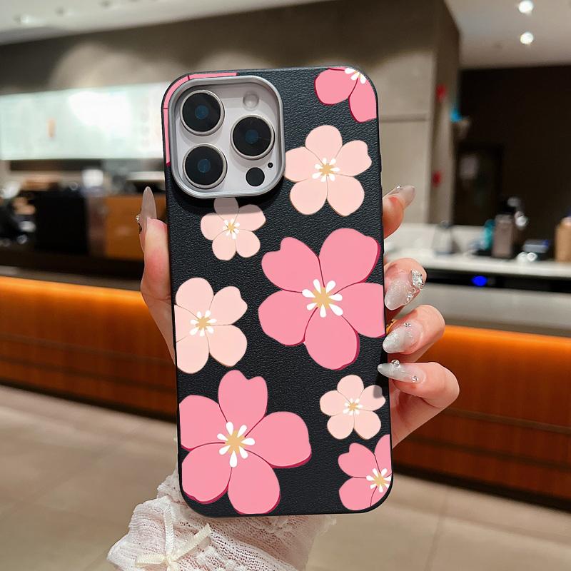 For iPhone 17 Pro Max Case Fresh Style Cherry Blossom Pattern Leather Texture Soft Silicone Cover For iPhone 16 15 14 13 Pro 12 11 16E Air