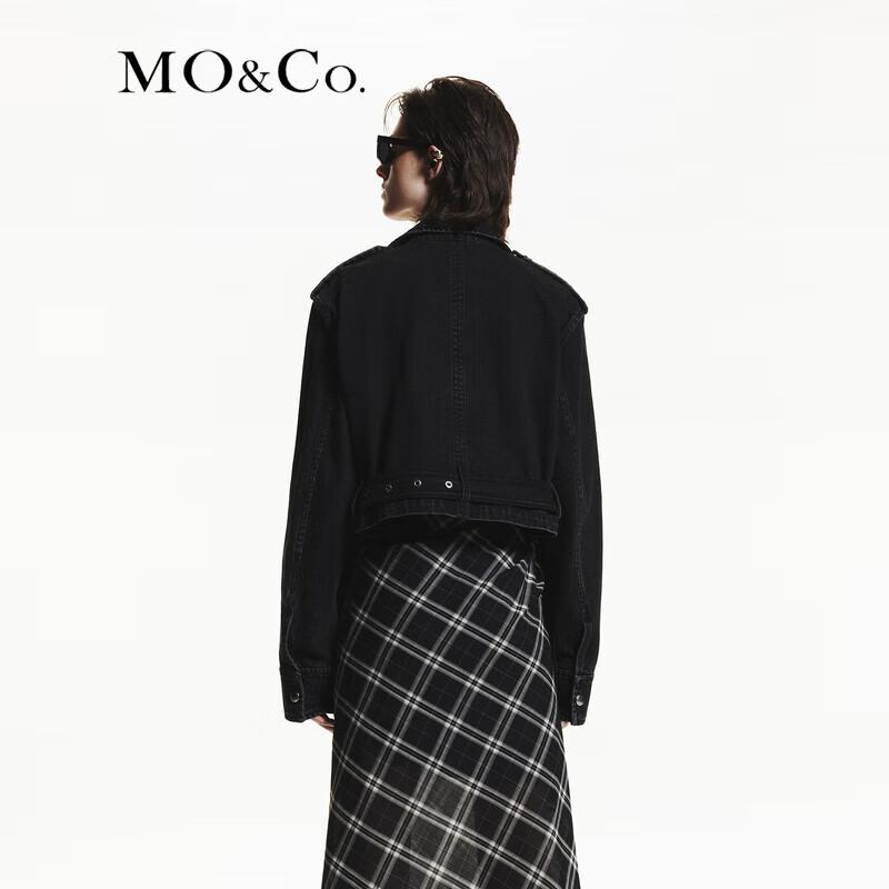 MO&Co. Women's Biker Lapel Short Denim Jacket with Belt