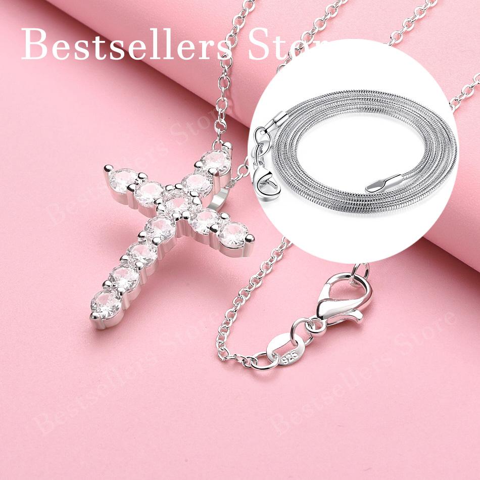 925 sterling silver 16-30 inch exquisite cross zircon pendant necklace for women's fashion wedding accessories, jewelry gifts
