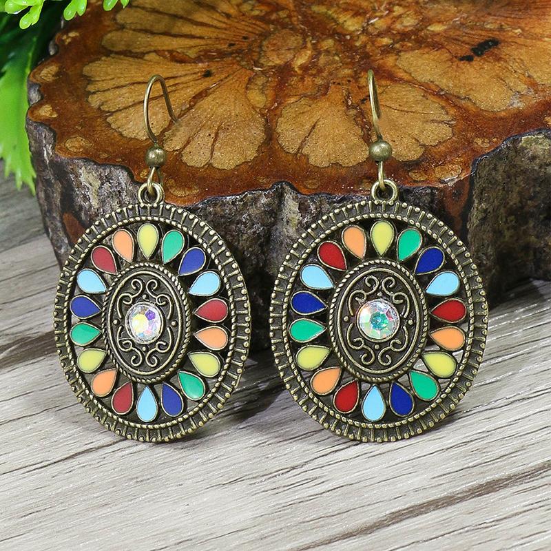 Ethnic Boho Colorful Enamel Earrings For Women Bomemian Retro Hollow Flower Round Geometric Vintage Drop Dangle Earrings Jewelry