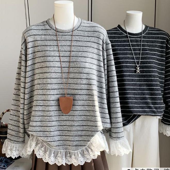 

Women s Striped Colorblock Lace Patchwork Long Sleeve Mid-Length T-Shirt Extra Large