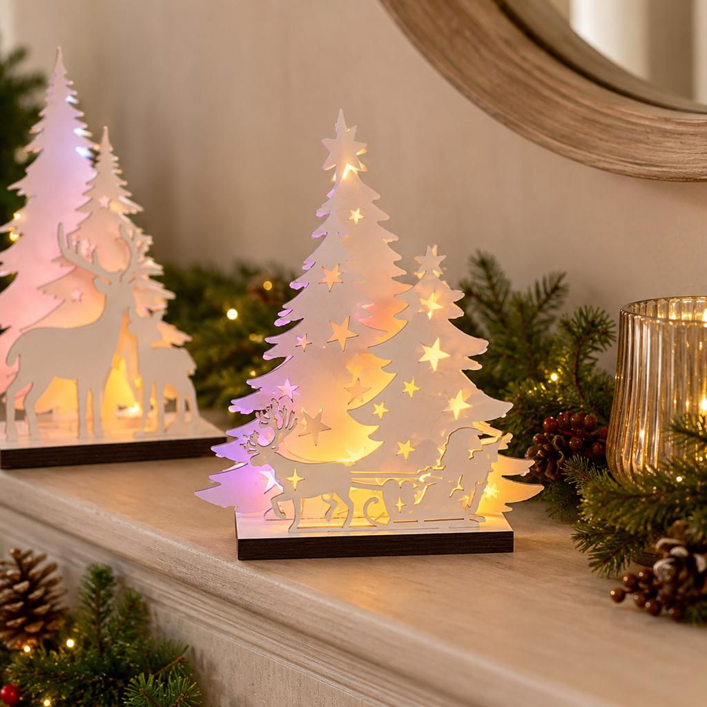 Christmas Tree Tabletop Wooden Decor with Colorful Lights , Holiday Desk Ornament for Festive Display