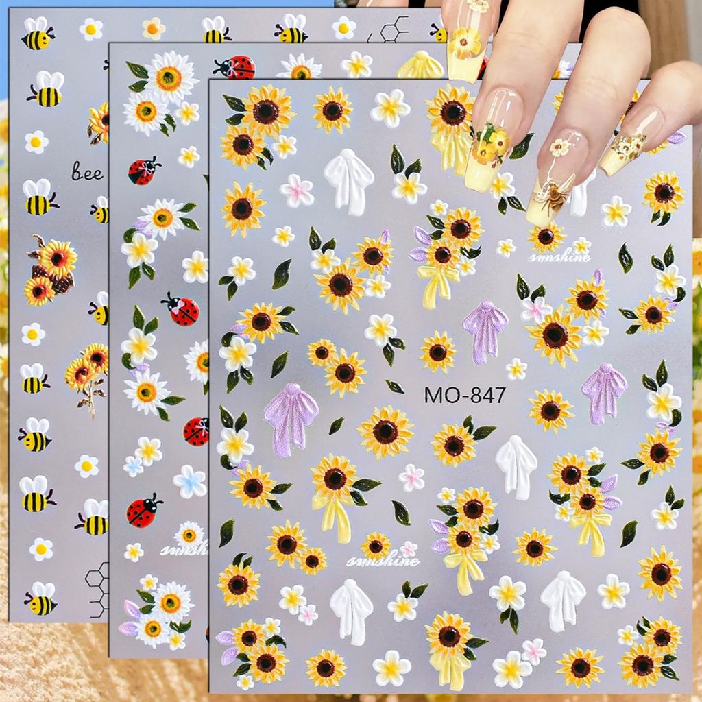 3 To 15 Sheets 5D Sunflower Daisy Nail Stickers Bee Ladybug Flower Decals Self Adhesive Spring Nail Art