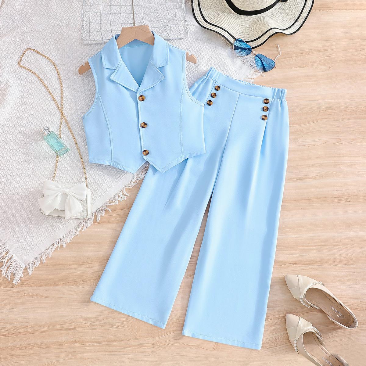 

Дівчачий повсякденний блакитний комплект Осінній дитячий модний безрукавний піджак з лацканами на підкладці Штани Набір з двох предметів 5-6Y