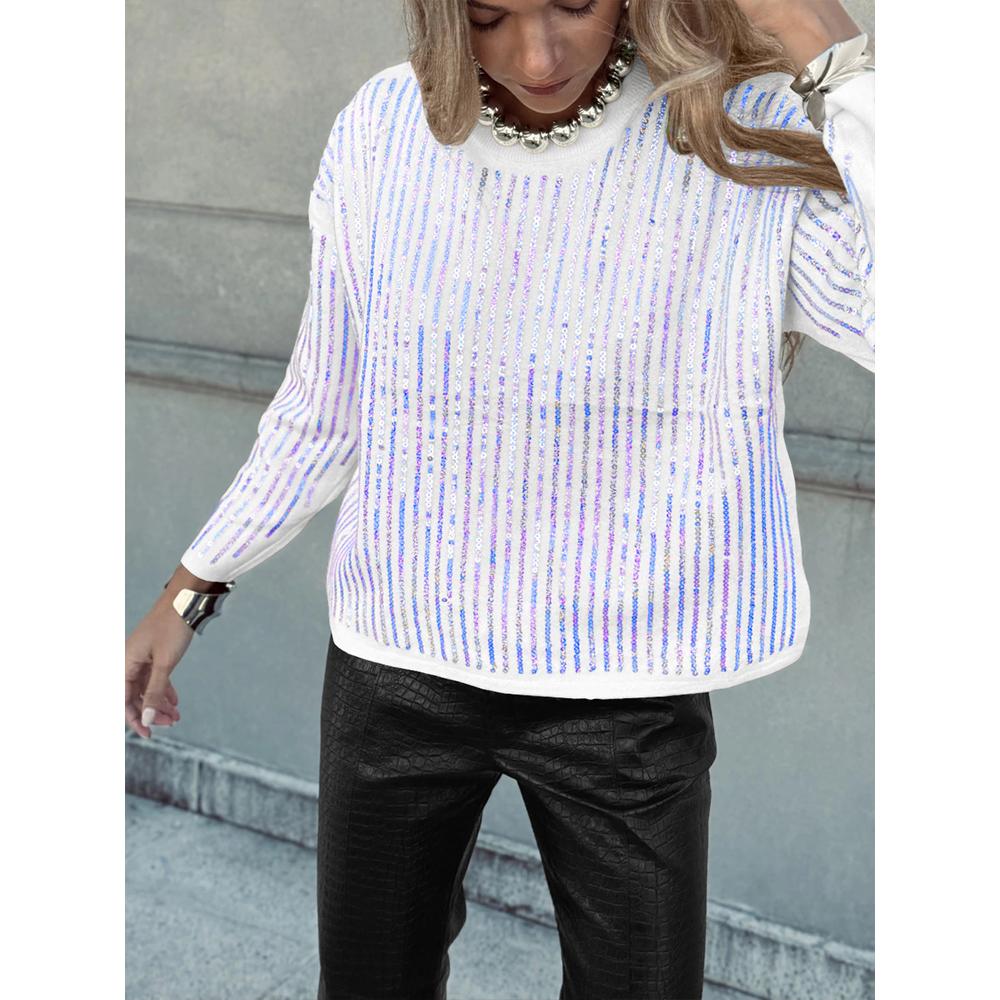 Women's Fashion Sequin Long Sleeved T-Shirt Round Neck Striped Pullover Top