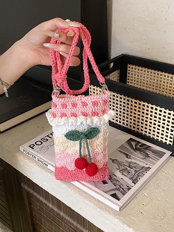 Knit Cherry Phone Bag With Water Bucket Style For Daily Casual Use