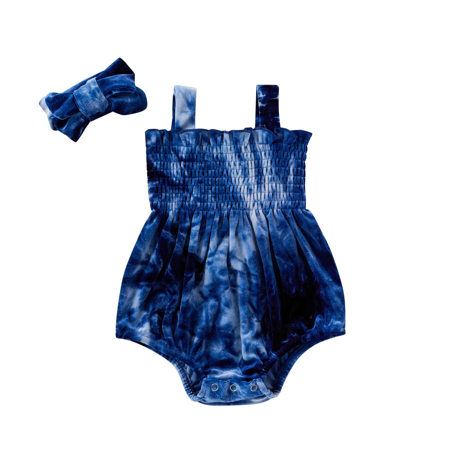 

(SU)Комбинезон на подтяжках с принтом тай-дай для новорожденных девочек, боди + повязка на голову, комплект одежды 70 синий