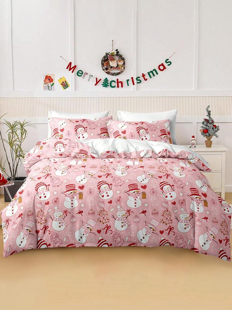 3-teiliges/Set Weihnachten Rotes Karomuster Weihnachtsmann Schneeflocken-Druck Bettbezug-Set(1 Bettbezug und 2 Kissenbezüge.)Weich und hautfreundlich