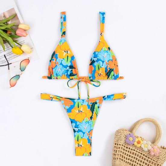 

Yousheng 2 Pcs/Set Women Swimsuit Set Floral Print High Waist Backless Lace-up Pleated Soft Quick Dry Lady Beachwear Bathing Suit Bikini Set