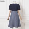 ZANZEA Women Casual Round Neck Short Sleeve Stripe Splice Dress
