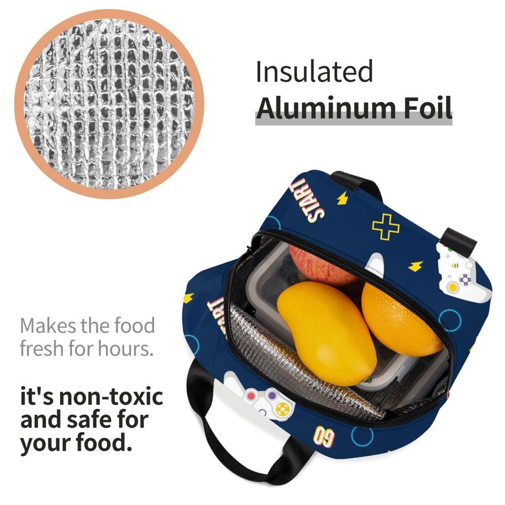 Cartoon Game Console Pattern Insulated Lunch Bag Thermal Bag Reusable Leakproof Lunch Box Tote Food Storage Bags School Outdoor