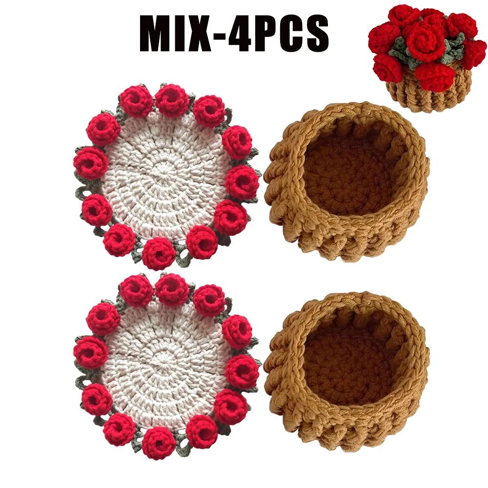 Hand Held Rose Bouquet Coasters Handmade Wool Crochet Cups Transformed Into Creative Birthday Gift Flower Coasters
