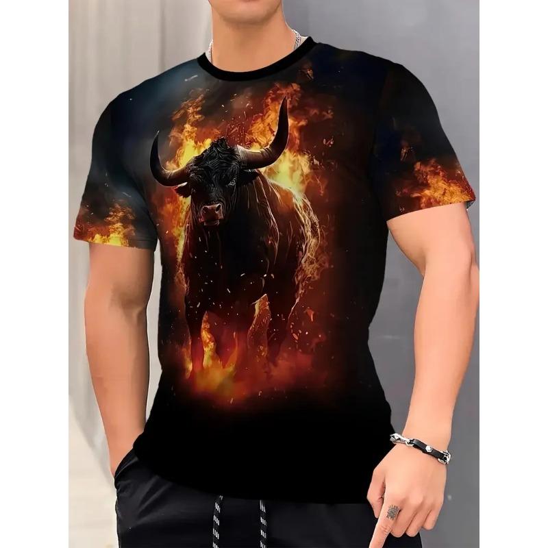 Summer Round Neck 3D Funny Bull Graphic Print Top Fashionable Casual Short Sleeved Men's T-shirts