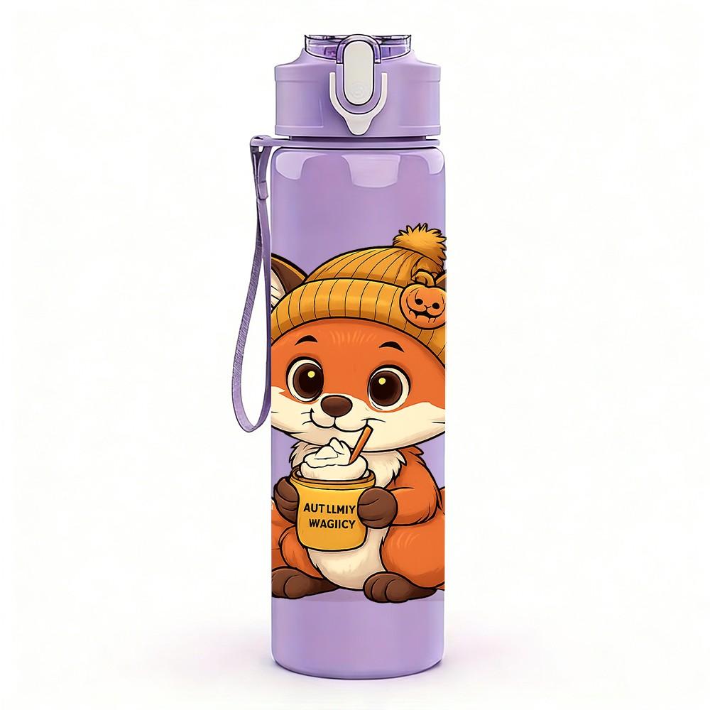 1PC Autumn Hat Fox Illustration 750ml Color Plastic Sports Water Bottle Leakproof Flip Straw Lid Suitable for Sports Office Home Use
