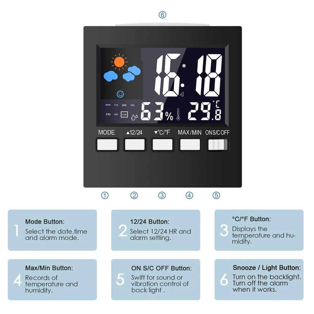 Digital Alarm Clocks LCD Temperature Humidity Weather Station Display Table Clock