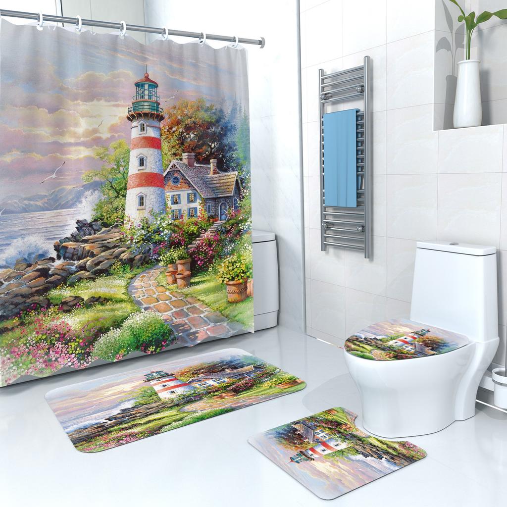 Shower Curtain Digital Printing Shower Curtain Lighthouse Landscape Polyester Bathroom Partition Curtain Bathroom Four-Piece Set