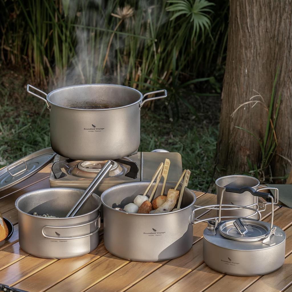 Boundless Voyage Titanium Pot Cooker Frying Pan Kettle 4 Piece Set Camping Cooker Pot Camping Pot Outdoor Pot with Lid Frying Pan Folding Handle