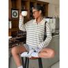 Womens Striped Button Polo Collar Long Sleeve Casual Loose Sweatshirt