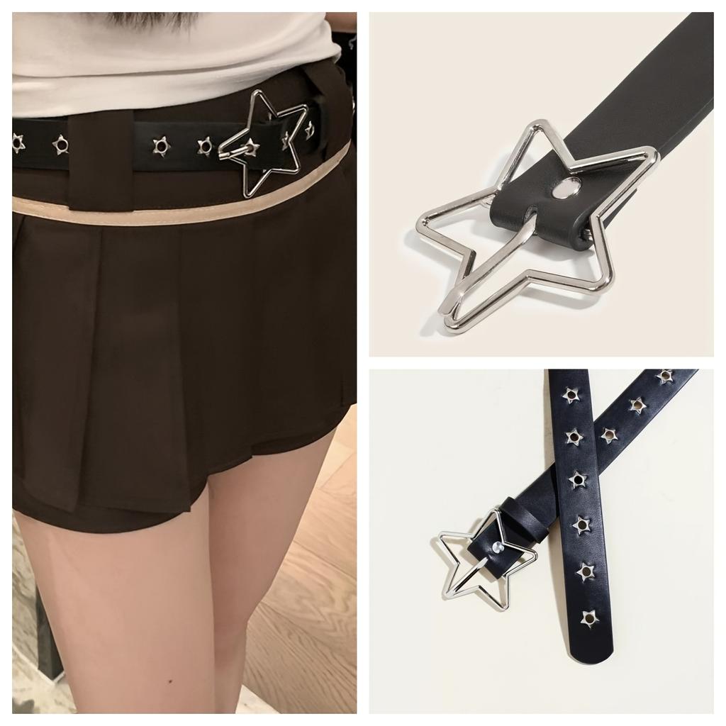 Y2K Punk Star Eyelet Black Rivet Belt,Gothic PU Leather Waist Belt, Adjustable Streetwear Accessory for Student Daily Party Wear