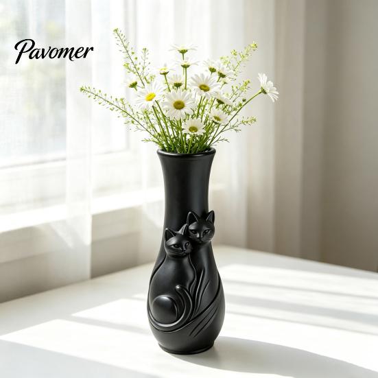 Dried Flower Arrangement Holder Couple Cats Vase, Plastic Snuggling Cat Vase for Home, Modern Home Interior Accents Desk, Shelf Decor, Tabletop Floral