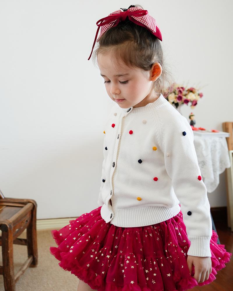 Hand-Crocheted Spring & Autumn Colorful Pom-Pom Girl's Cotton Cardigan