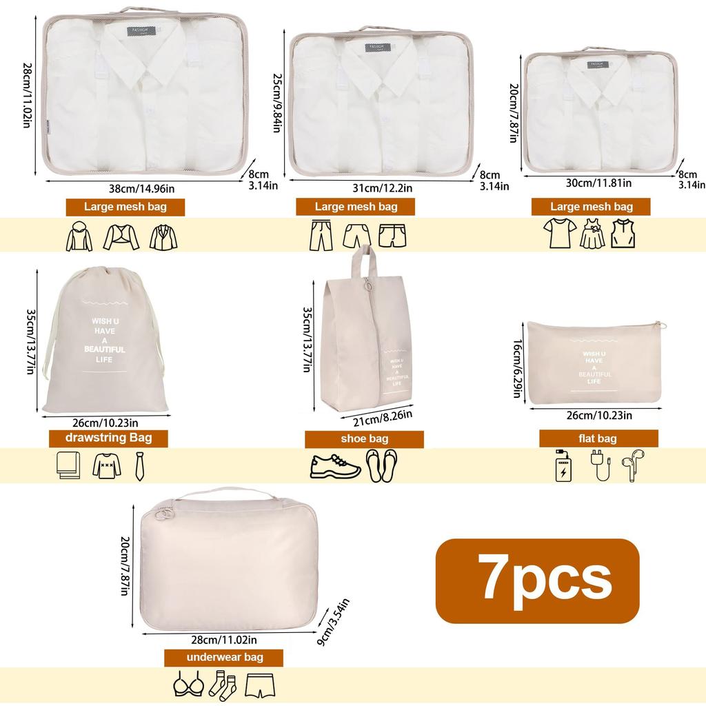 1Set 7-teilige Reise-Aufbewahrungstasche, Gepäcktasche, multifunktionale Verpackungstasche, Polyester, wasserdicht mit Griff, Netz